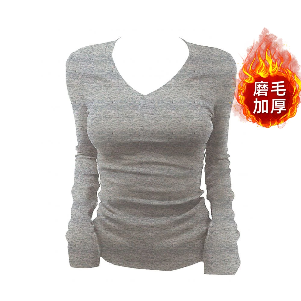 大码女装微胖mm正肩v领长袖T恤修身显瘦上衣磨毛加厚纯色打底衫