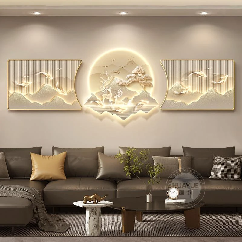 背有靠山客厅装饰画高级感九鱼沙发背景墙挂画轻奢大气山水三联画