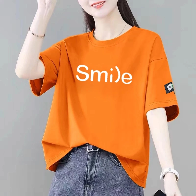 100%纯棉短袖t恤女夏季新款韩版宽松大码洋气减龄遮肚圆领上衣ins