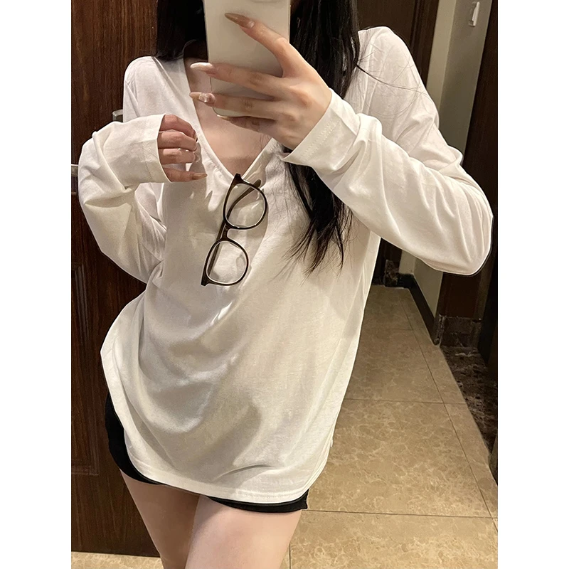 白色棉长袖t恤打底衫女春夏秋宽松内搭开叉慵懒百搭松弛感u领上衣