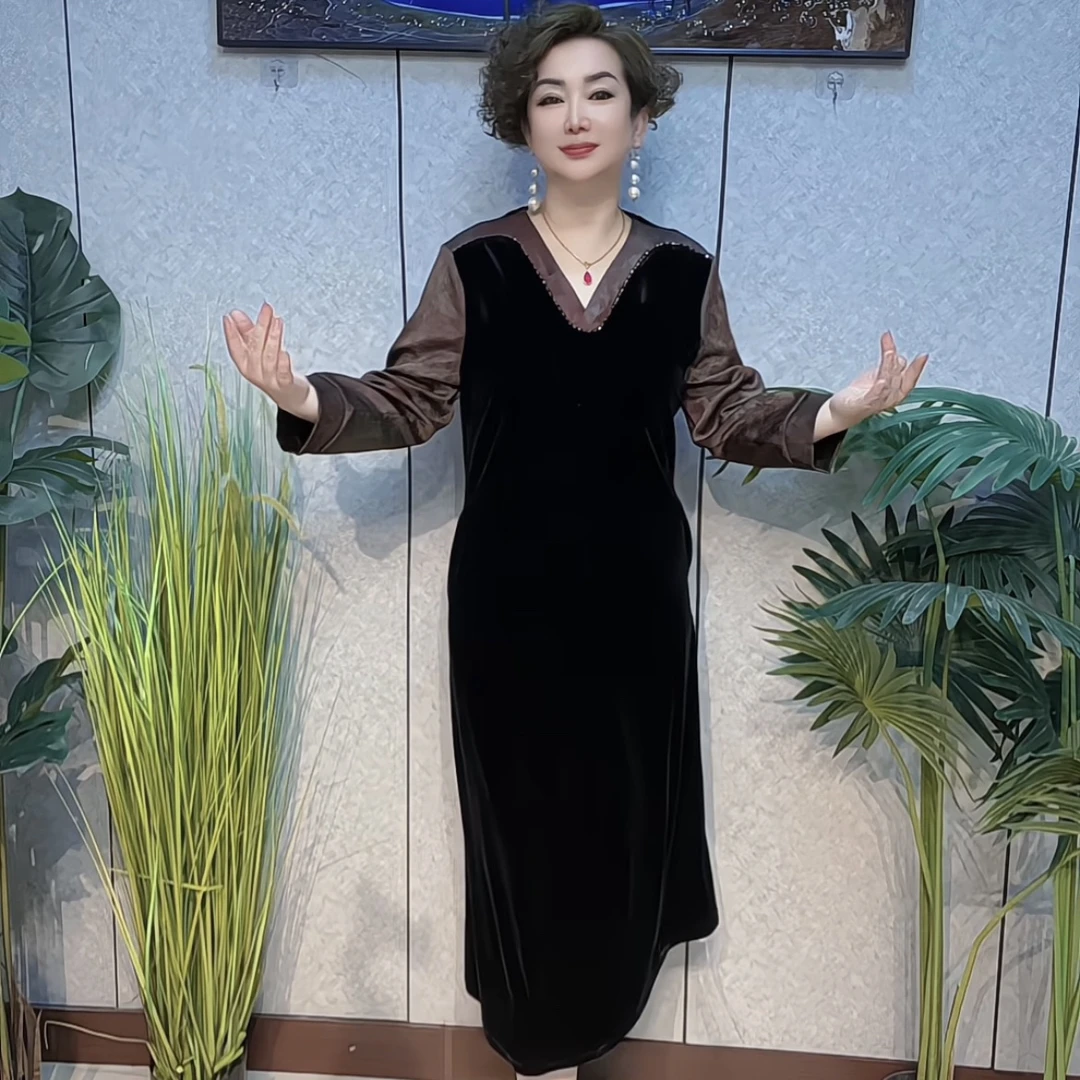 8610日常风连衣裙V领丝绒拼接时尚气质修身显瘦遮肉宽松大码洋气