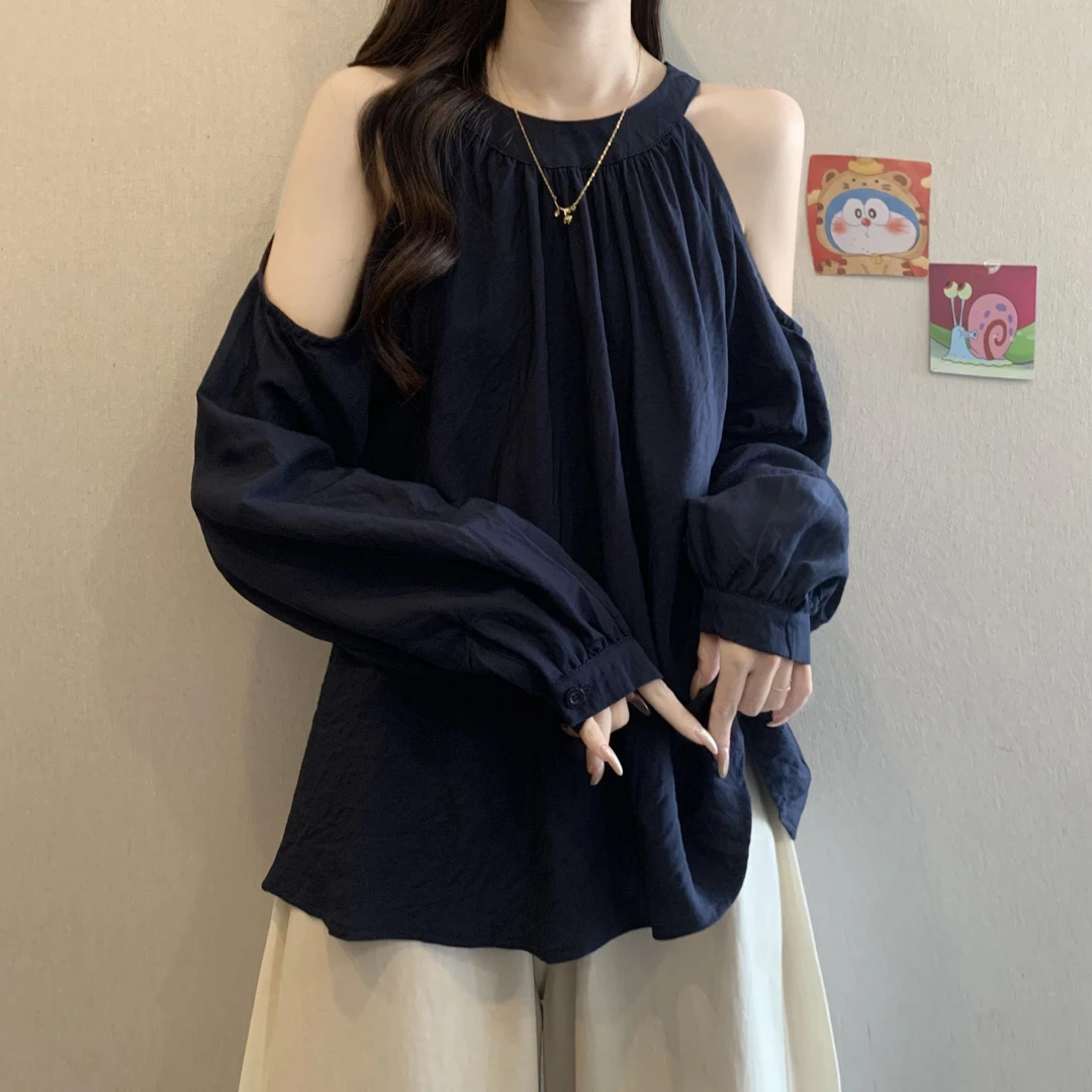大码法式挂脖露肩长袖衬衫女春秋胖妹妹宽松显瘦百搭洋气减龄上衣