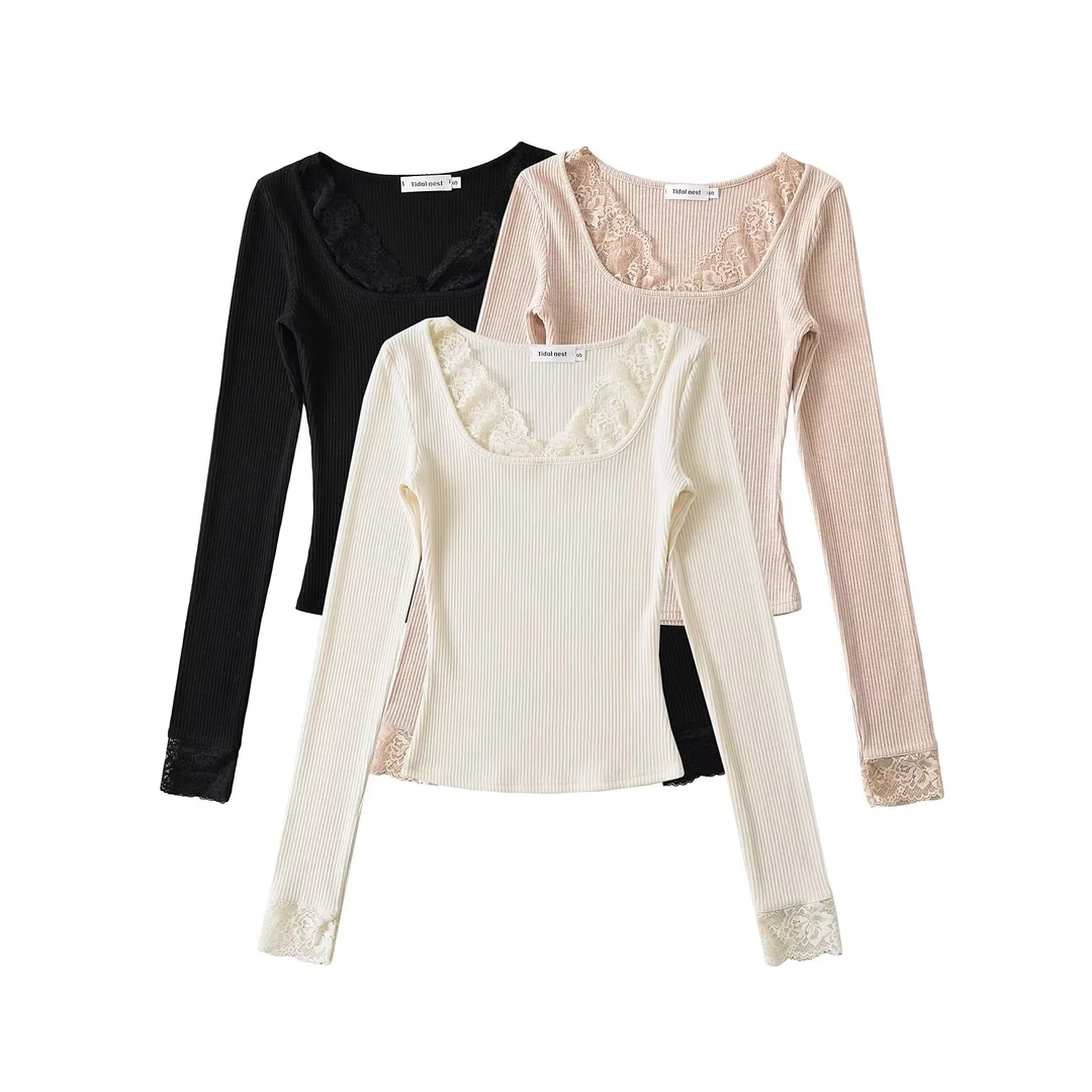 甜辣妹u领蕾丝花边拼接长袖t恤女秋性感心机低胸打底衫修身短上衣