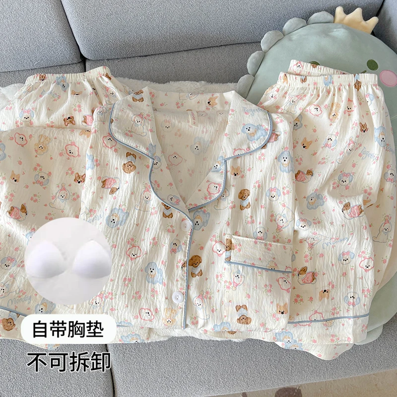 【胸垫版+无胸垫】少女甜美睡衣女夏季薄款卡通家居服短袖三件套装