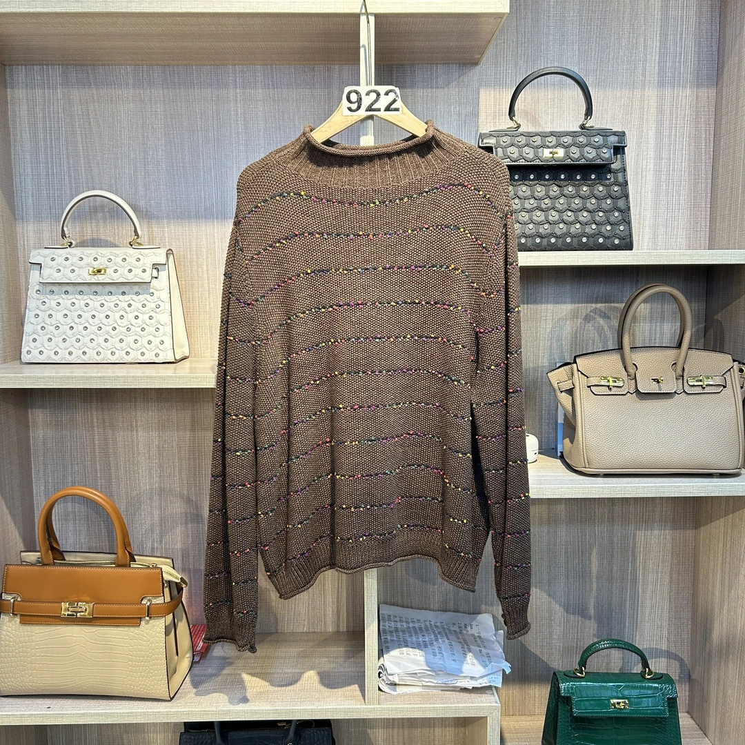 922【大牌女装】咖色秋冬定制圆领拼接休闲百搭宽松上衣