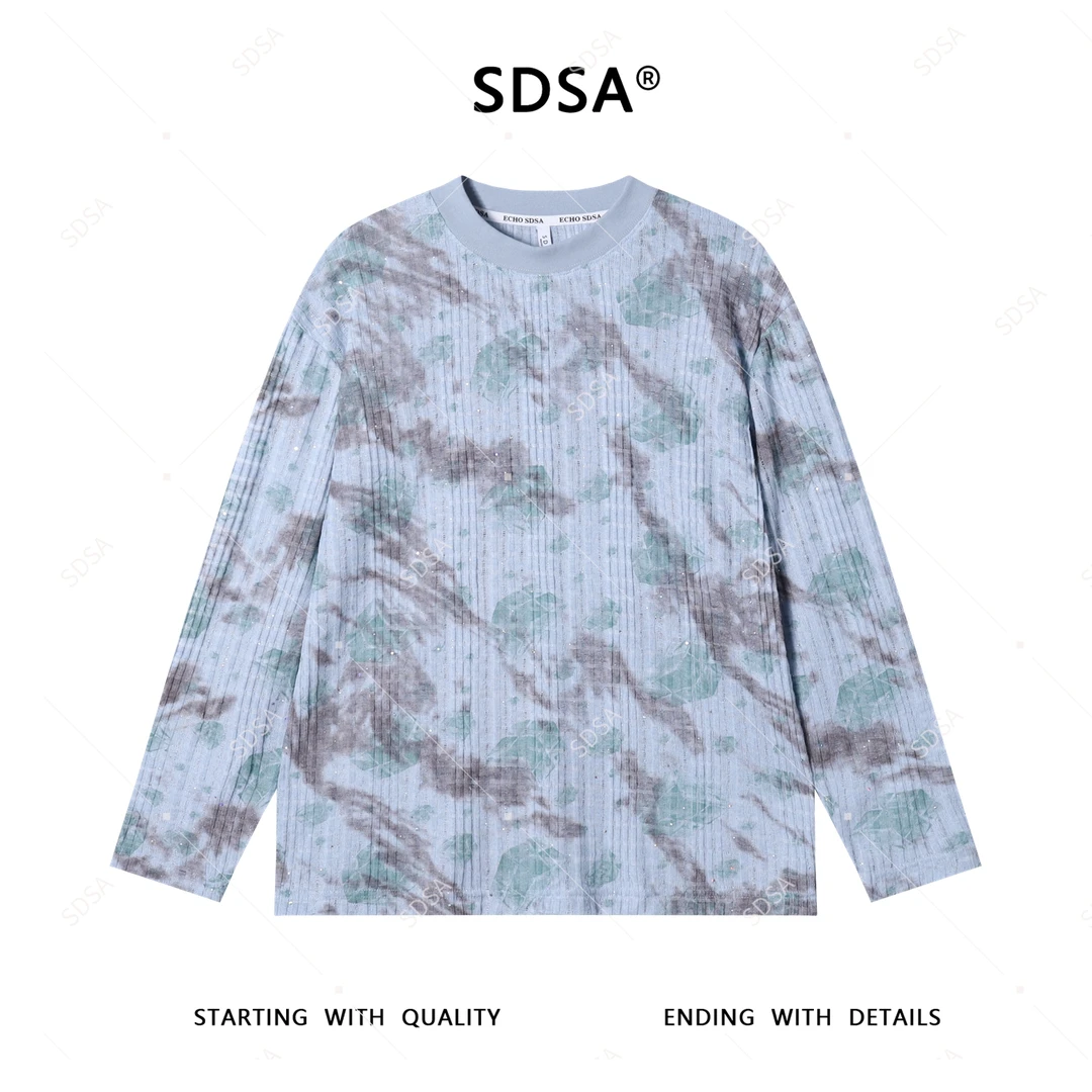 SDSA男士秋冬新款轻奢痞帅男装韩版扎染洒金圆领长袖T恤宽松潮牌