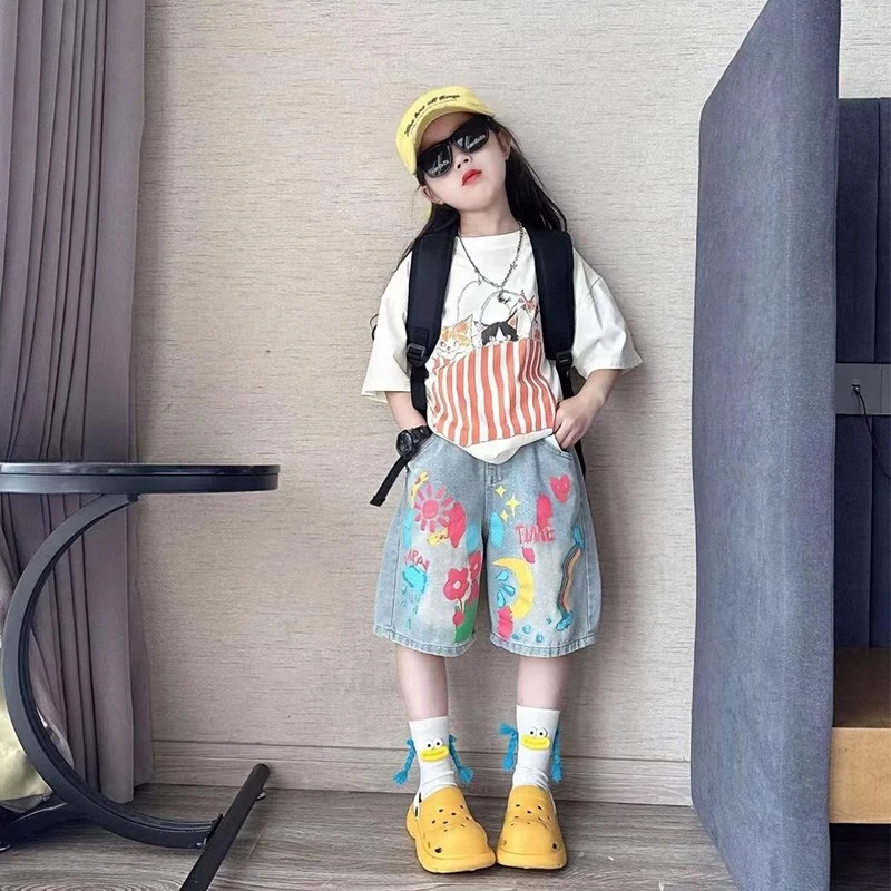 女童夏装套装2025夏季新款儿童韩版卡通短袖T恤宽松薄款牛仔中裤