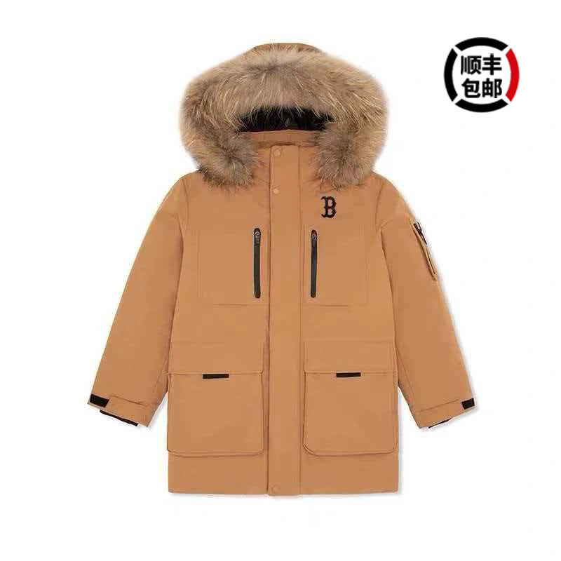 加厚鹅绒连帽中长款工装风毛领羽绒服男女同款