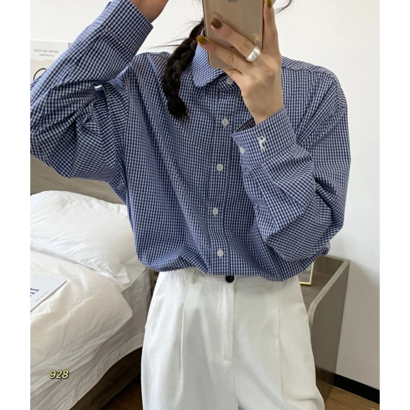 【学院风格子衬衫】韩系简约格子翻领单长袖衬衫