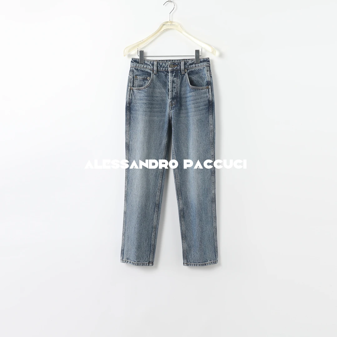 AP洛哥25466X【丹宁纪】高支高密1OO棉蓝色 复古简约直筒牛仔长裤