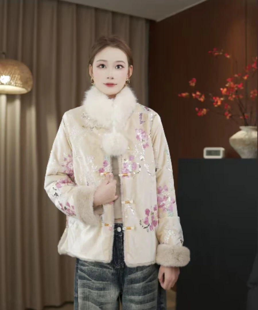 【心凌】2026新款新中式国风提花丝绒刺绣拼接水貂毛外套秋冬高级感