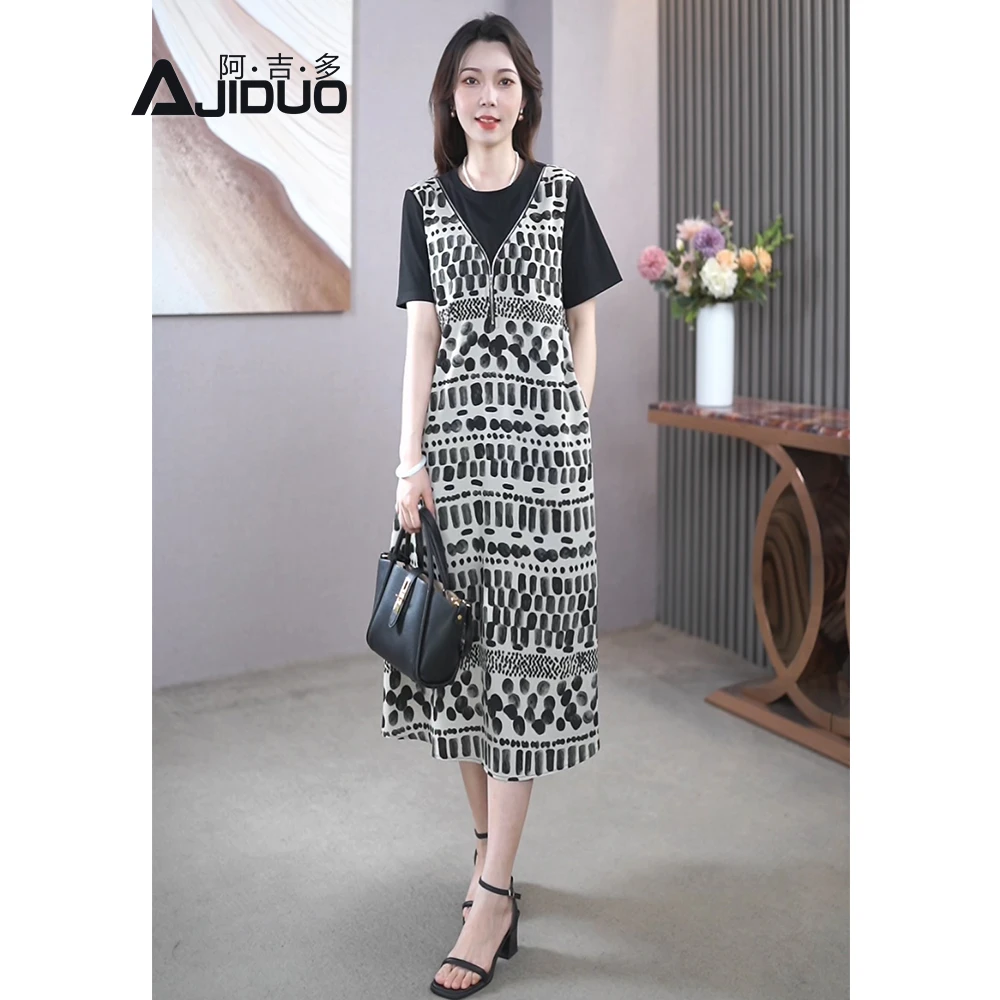 时尚洋气假两件短袖连衣裙女夏季新款气质优雅妈妈装中长款裙子