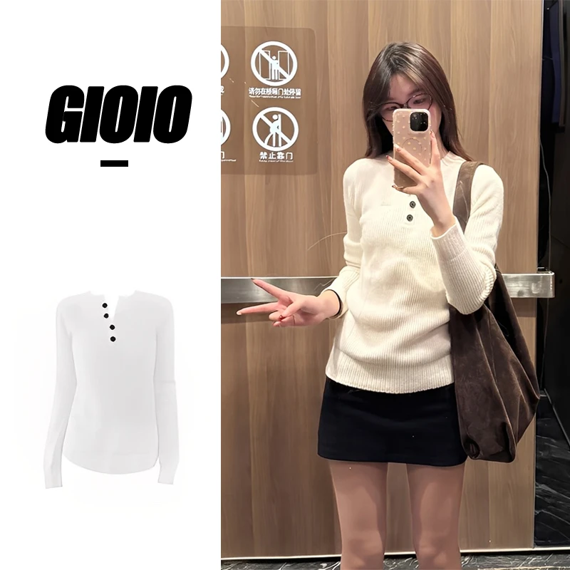 GIOIO秋冬纽扣正肩长袖女款毛衣针织打底衫纯欲修身显瘦白色上衣