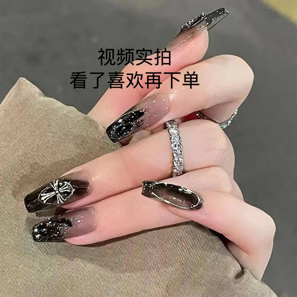 纯手工中长款穿戴甲黑色渐变个性显白时尚克洛风长款10片ins风