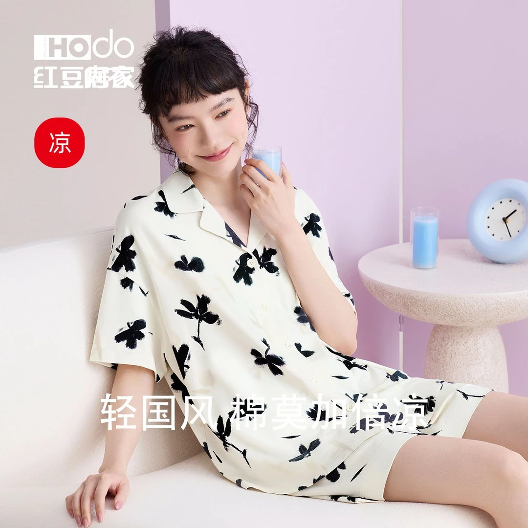 红豆夏季女睡衣棉莫家居服套装大码舒适韩版短袖短裤国风女士薄款