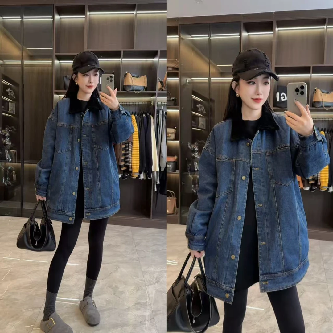【丽丽家】冬季新款拼接领宽松版型牛仔棉服外套