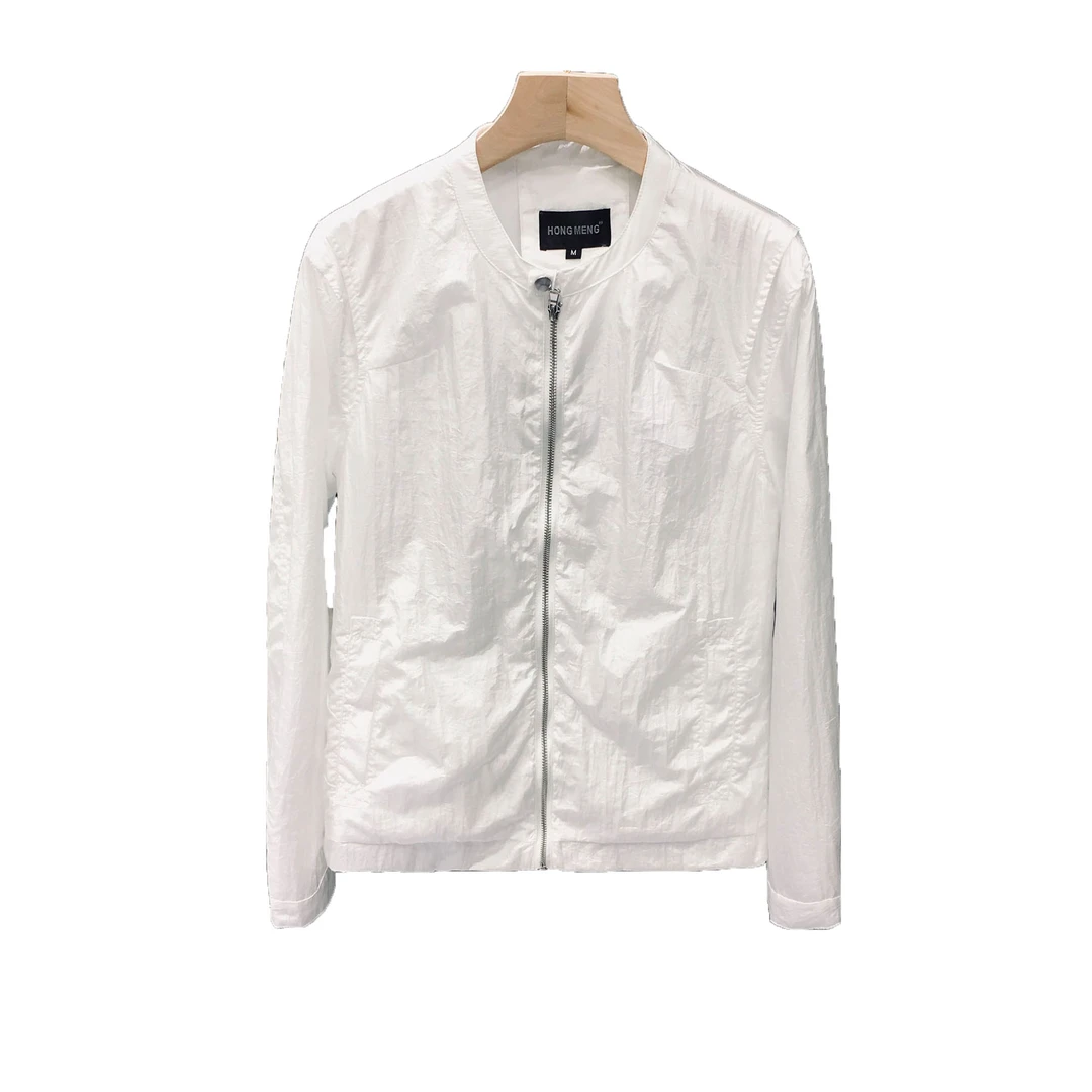 埃卢涅芬白色夹克衫男装大码休闲薄外套修身青年时尚暗褶皱拉链开