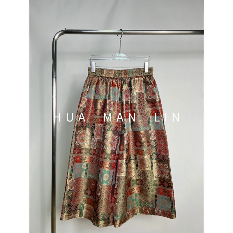 【花满林】全松紧腰蜀锦真丝桑蚕丝百搭阔腿裤259753