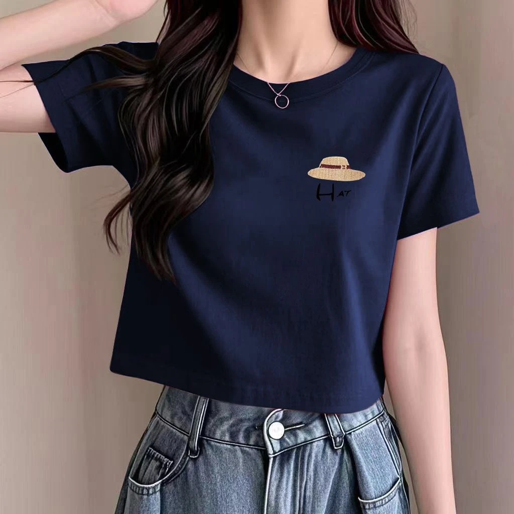 2025夏季新款圆领短袖小个子显瘦印花t恤女宽松洋气简约短款上衣