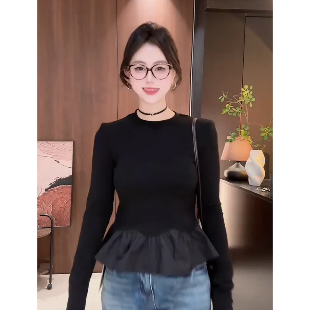 韩系辣妹荷叶边黑色打底衫女冬季新款小众洋气修身长袖T恤上衣