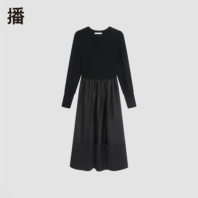 【达人专属】播秋圆领设计师时尚黑色拼接连衣裙热力感BDQ8LD1885