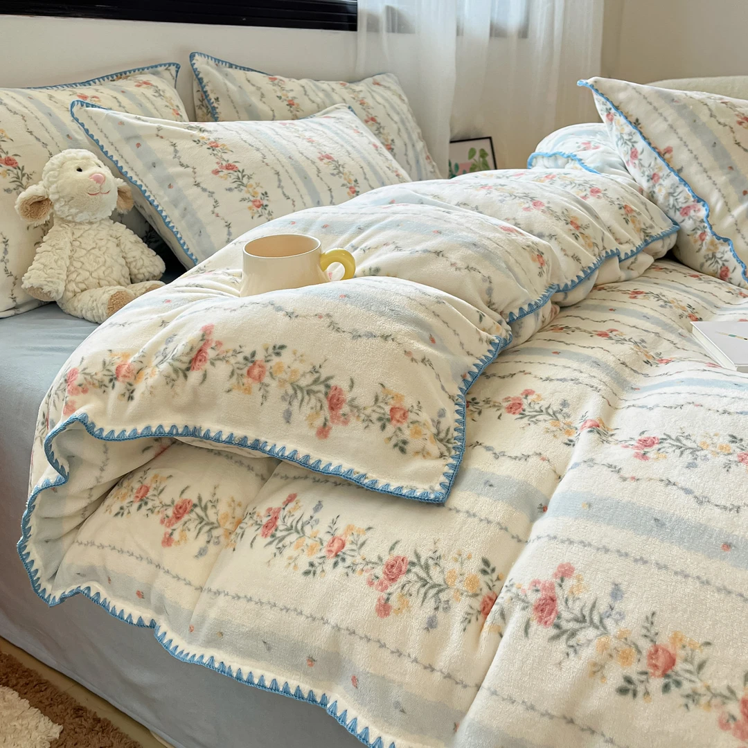 牛奶绒床上四件套超厚珊瑚绒双面加绒贝壳边被套法兰绒床单三件套