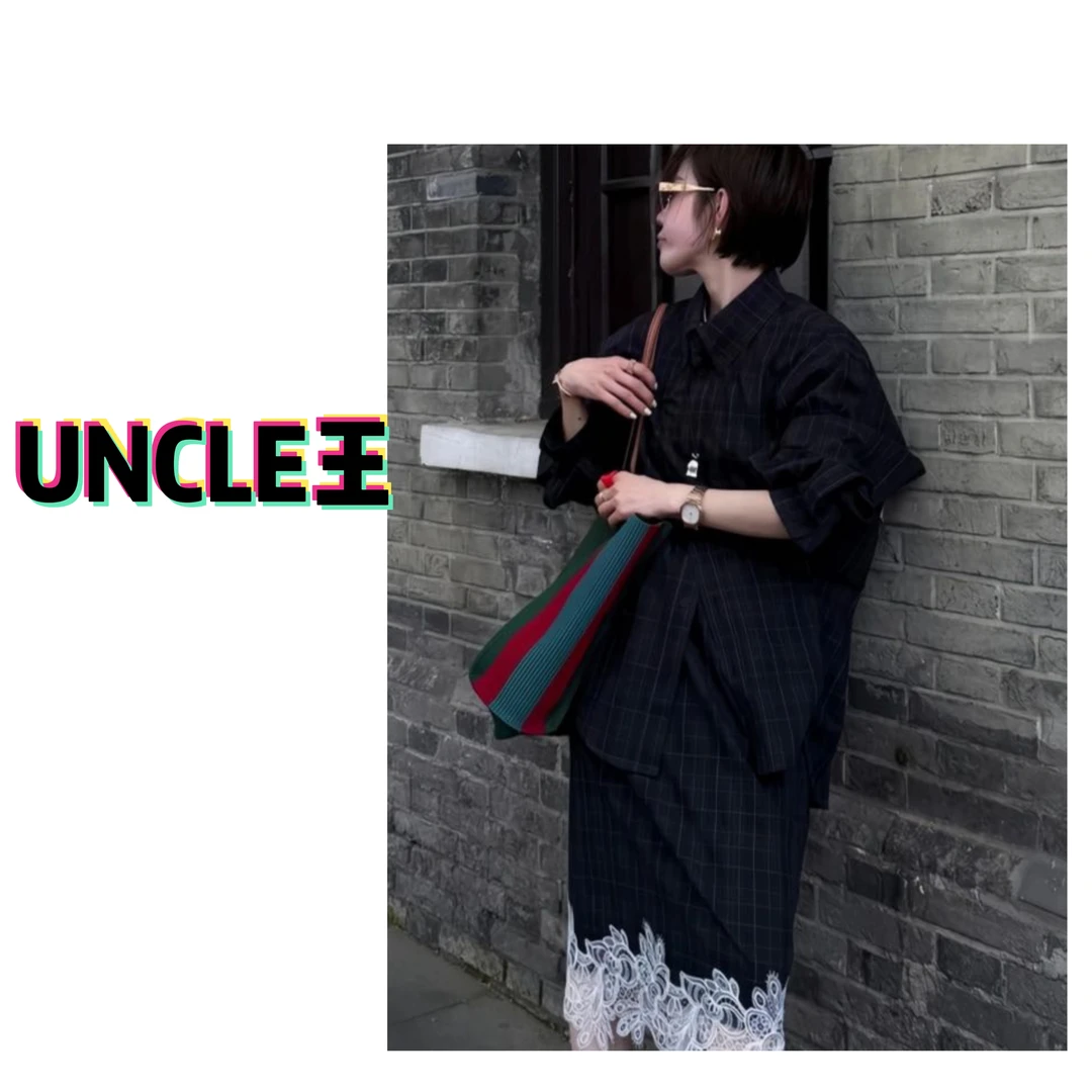 「套装」淑女复古格子衬衣半身裙套装蕾丝半裙