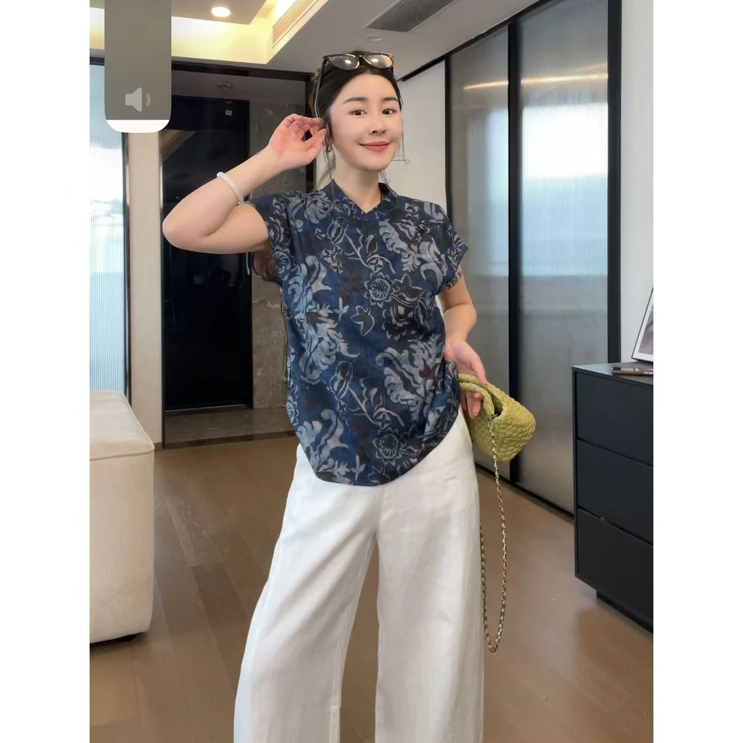 玖了个玖 2025夏款 极简百搭国风旗袍领老花短袖上衣 2505C2617