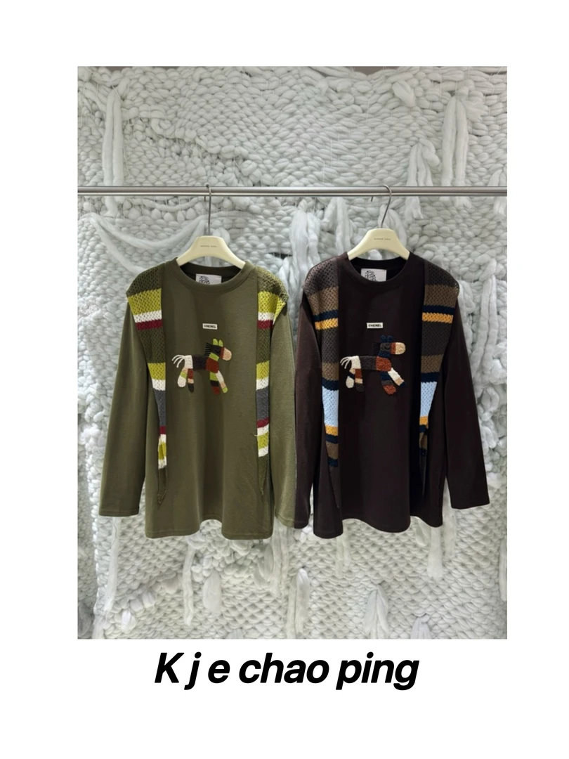 # T86770漫画家小众设计重工刺绣链条宽松休闲长袖T恤女上衣