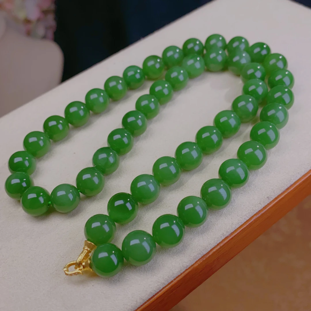 天然和田玉俄料碧玉阳绿圆珠约10mm项链18.K金妈妈链精品女@0019