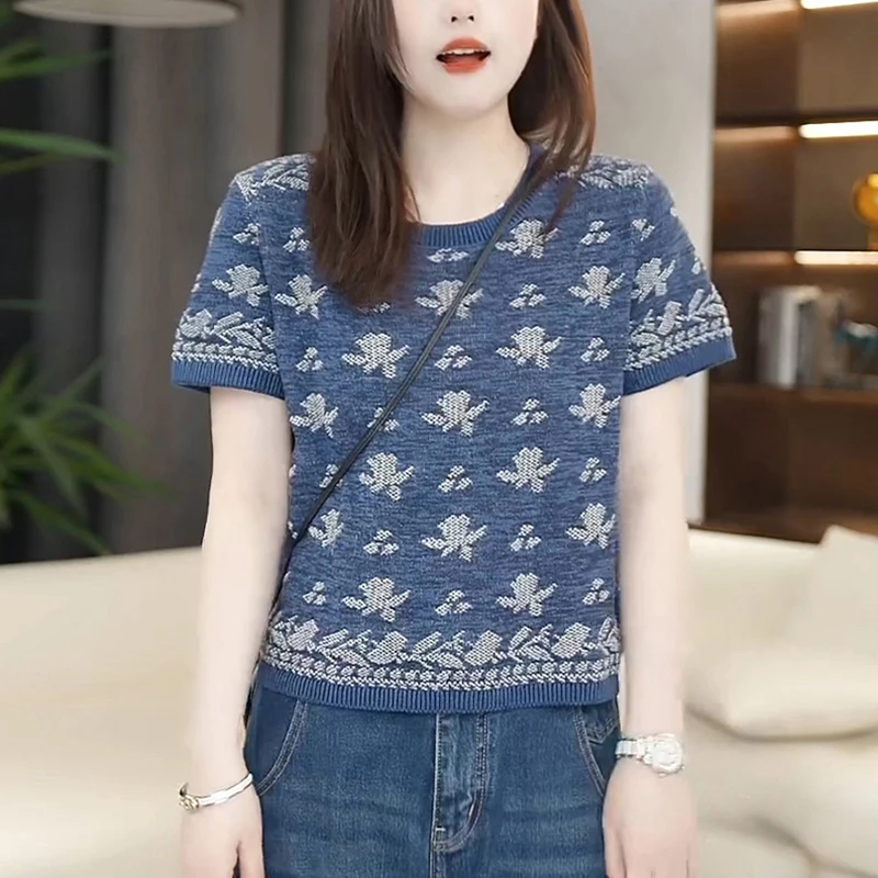 宽松时髦提花刺绣设计针织衫女2025春夏季新款短袖慵懒潮流上衣潮