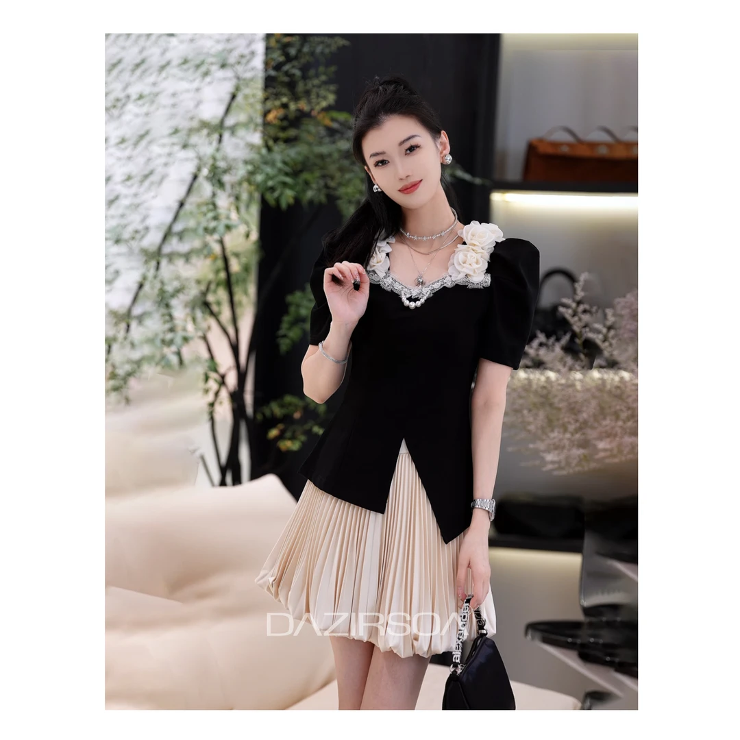 “玫瑰恋人”时尚百搭拼接玫瑰花气质T恤 Y865