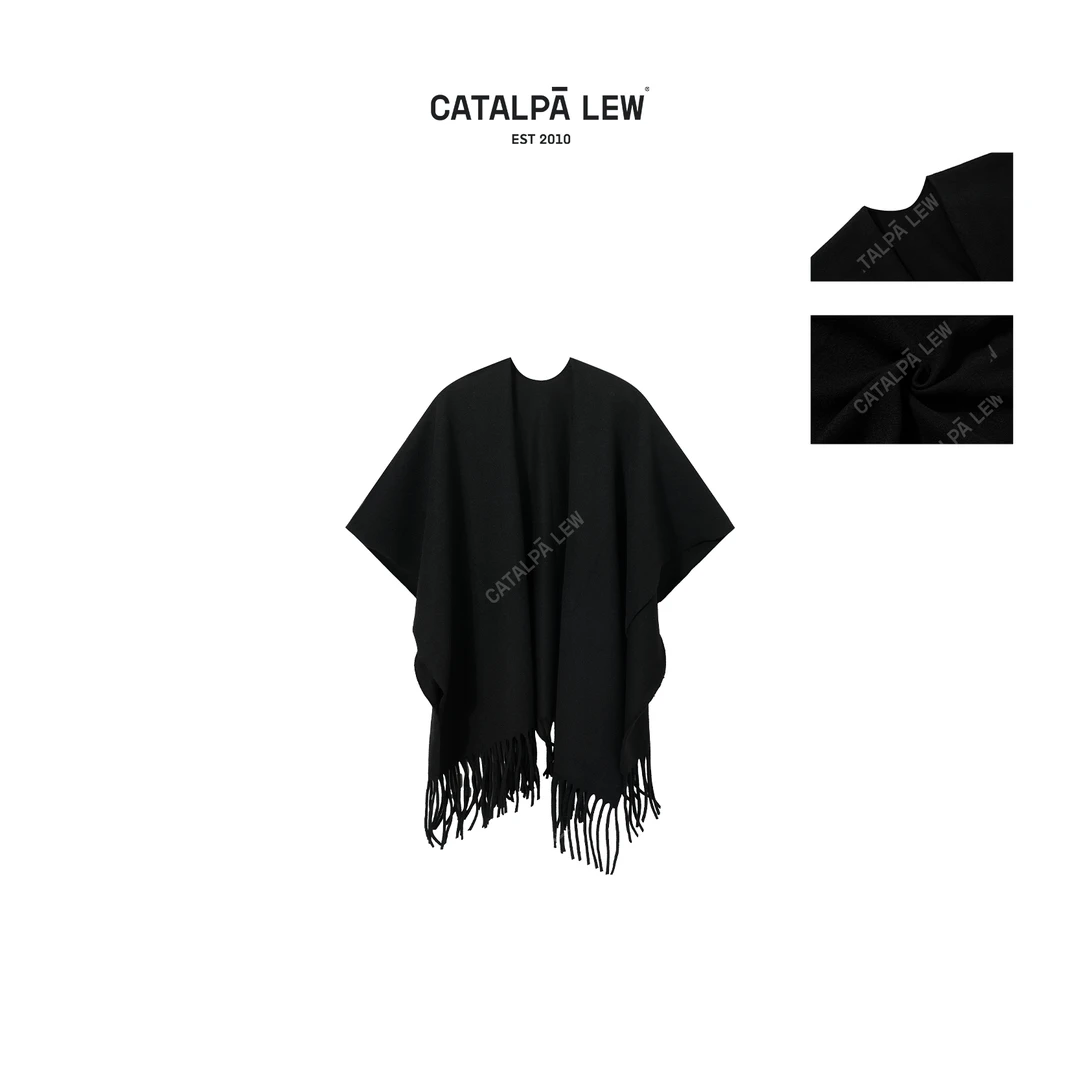 CatalpaLew「大篷」墟生美学随性温暖廓形蝙蝠袖羊毛披肩#C40109
