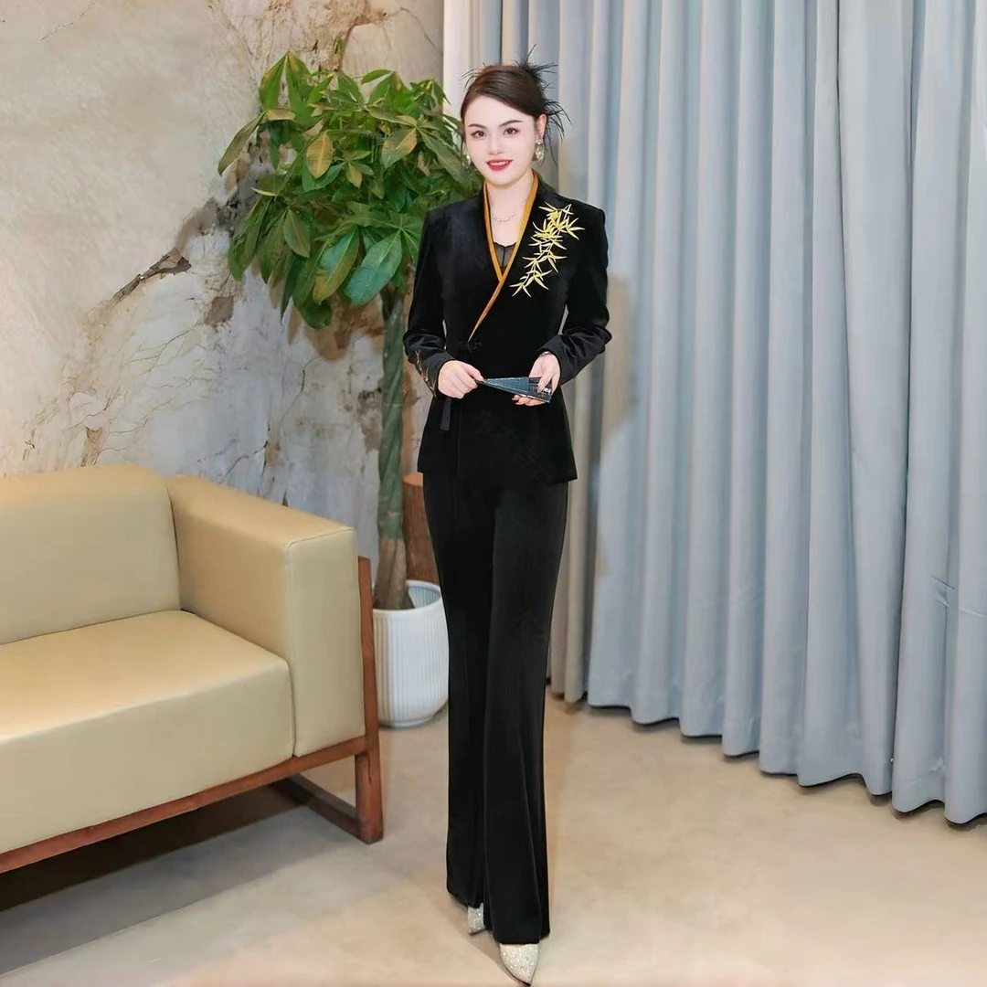美心专属-25233-2025早秋新款中式国风金竹刺绣丝绒套装女