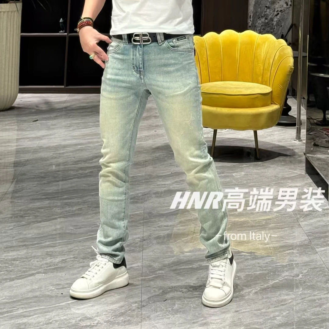 后口袋幻彩设计莱塞尔混纺面料简约重水洗弹力修身小脚牛仔裤8753