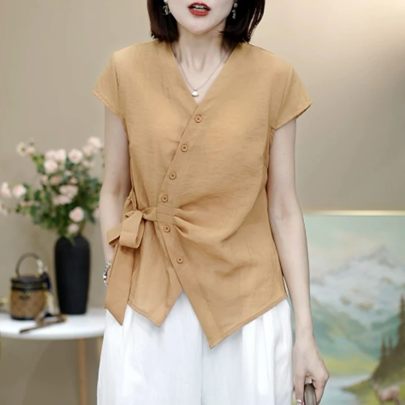 气质V领时尚系带新款小衫夏季短袖显瘦衬衫女洋气百搭设计感上衣