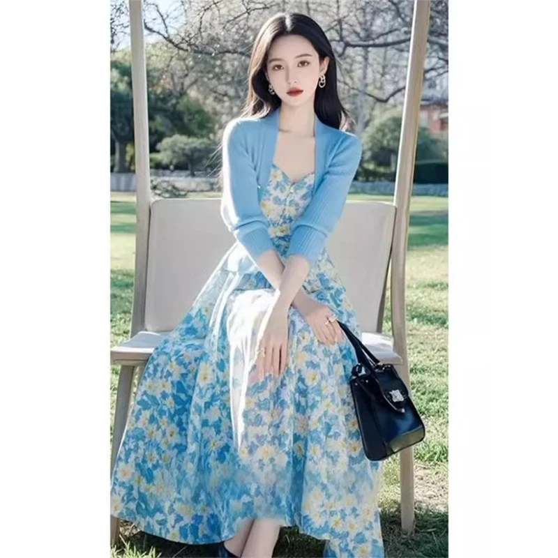 2025新款针织衫碎花吊带裙叠穿两件套女装开春穿搭时尚休闲一整套