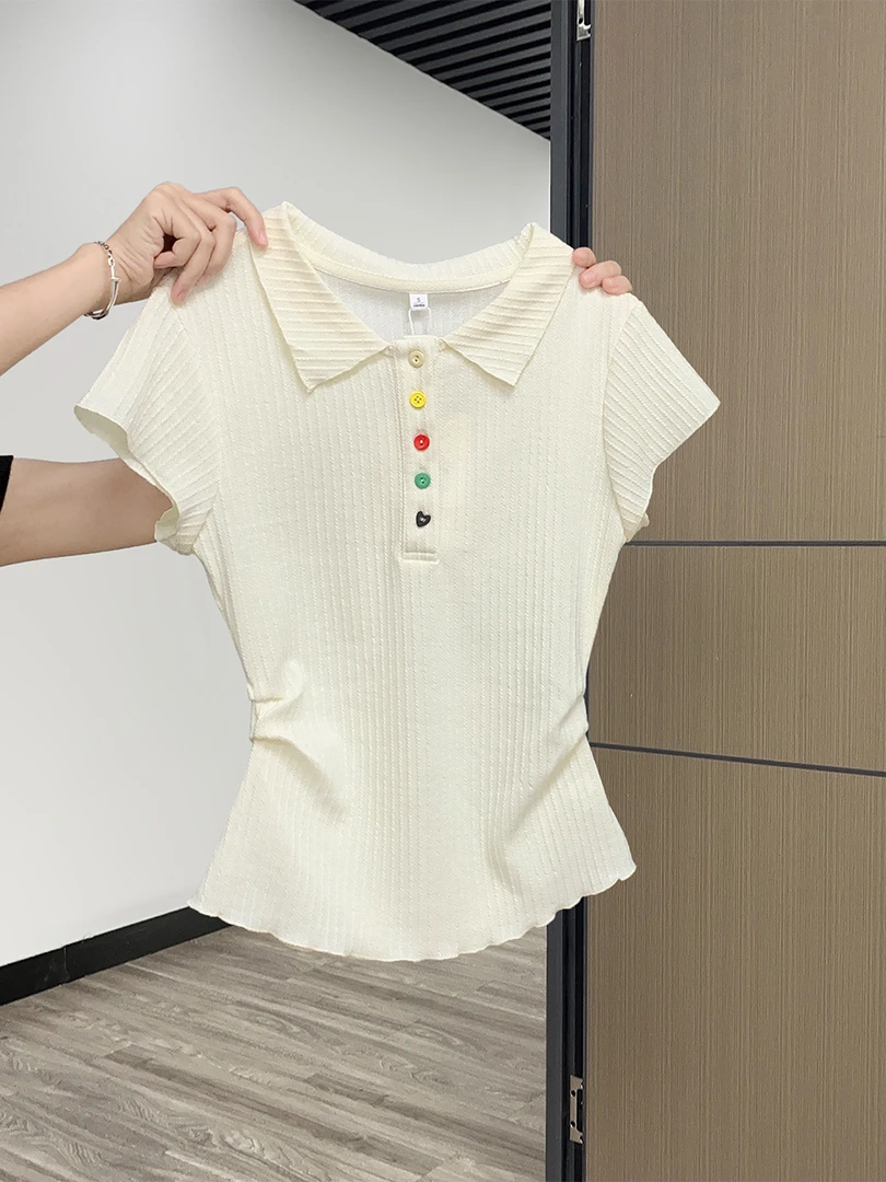 彩色纽扣Polo翻领杏色甜美短袖夏季褶皱收腰T恤女小个子修身上衣