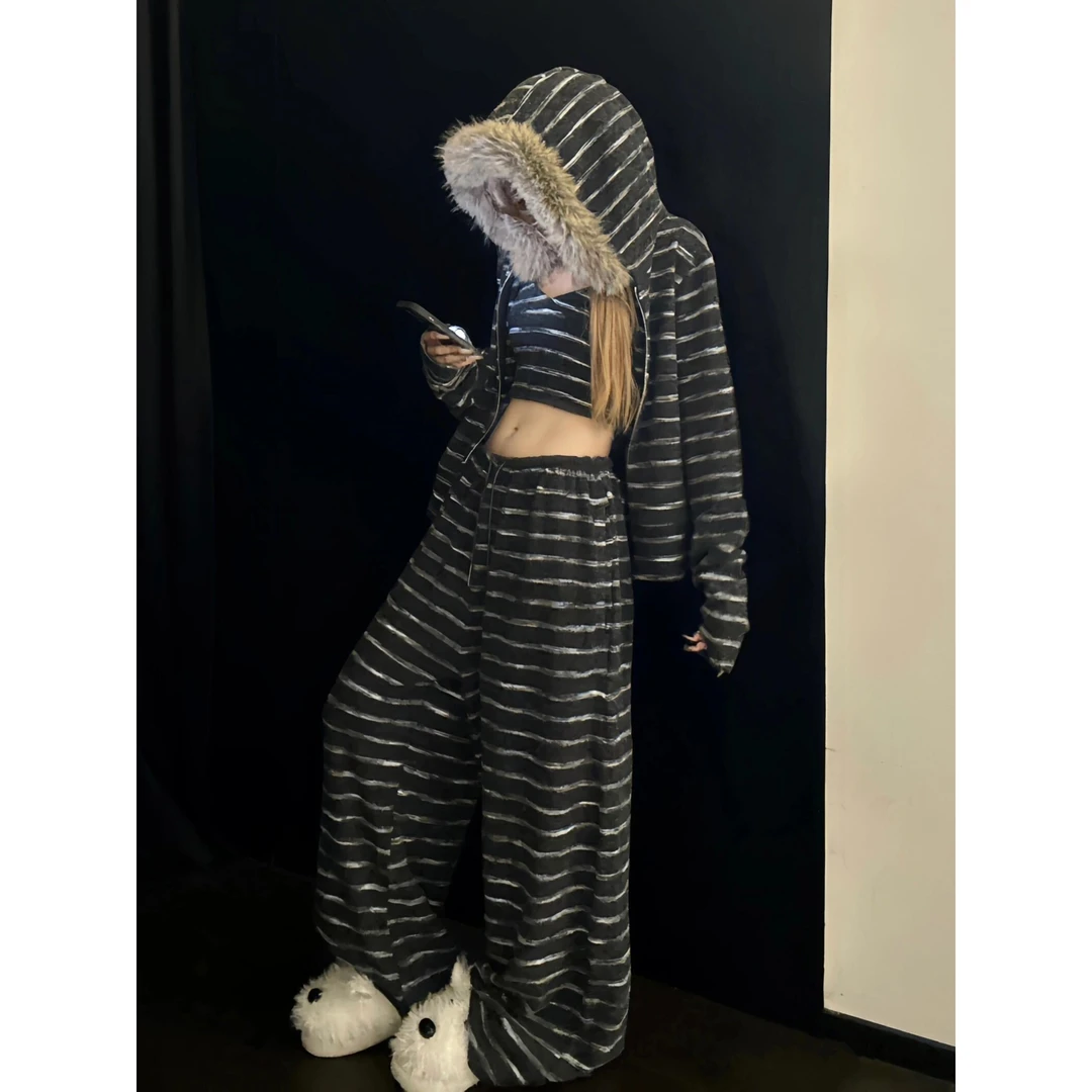 秋季新款毛领连帽条纹外套吊带开衫长裤三件套睡衣女家居服可外穿