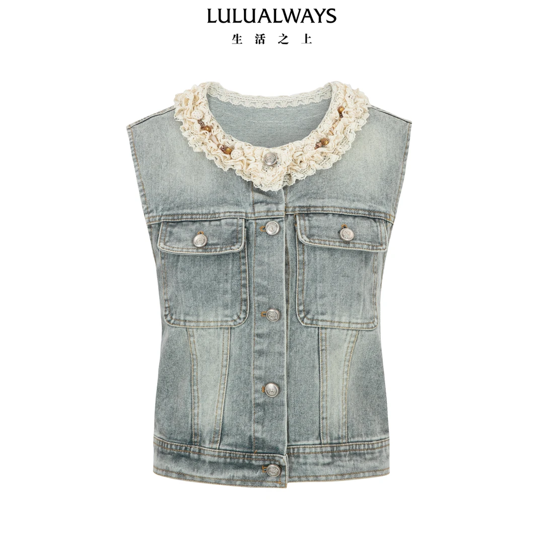 LULUALWAYS我爱露露25夏季新款复古休闲风无袖牛仔短款设计马甲女