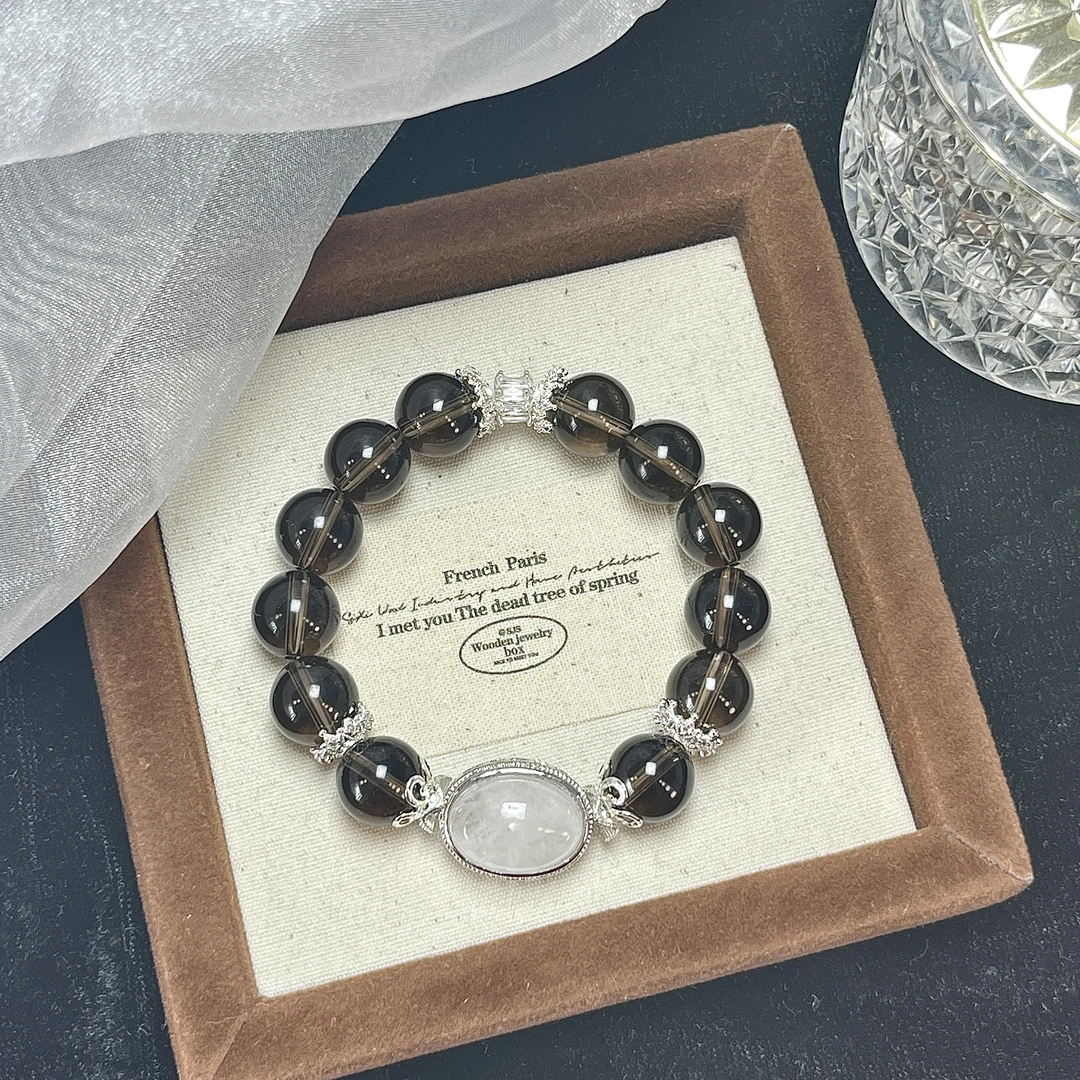 天然 卡12咪 茶水晶 白幽灵蛋面魔盒 原创手串