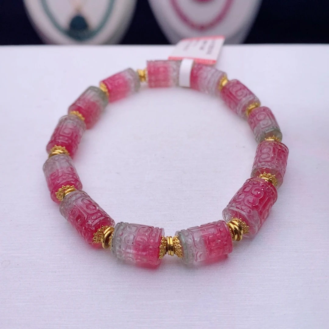 18K金镶嵌手链碧玺回纹桶珠手链yy