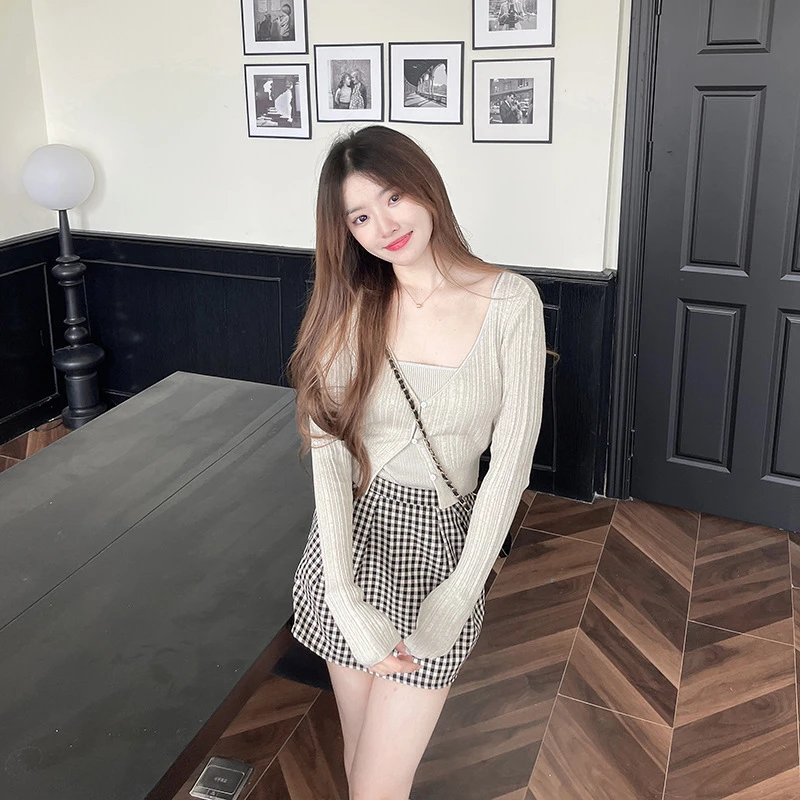 夏日针织系列_纱线细闪开衫/纯色开衫吊带两件套显瘦气质长袖短款