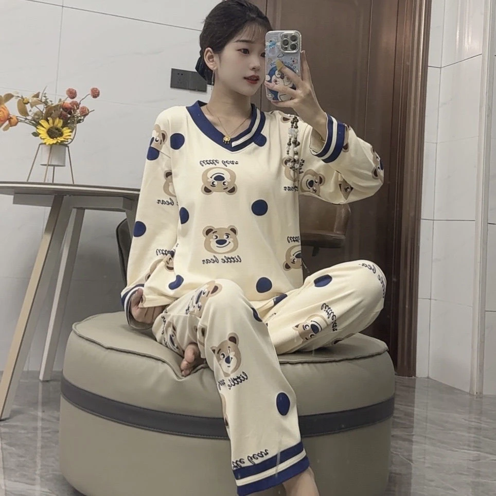 【胸垫款】v领小熊纯棉睡衣女秋季新款休闲女士男生家居服两件套