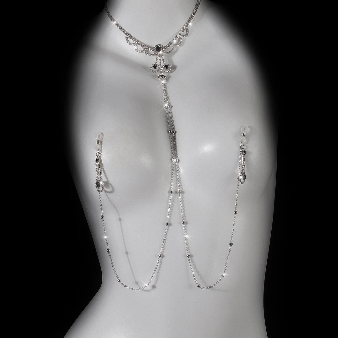 欧美胸链饰品黑色水晶吊坠挂脖乳夹链可拆卸刺激调教咪咪身体链配