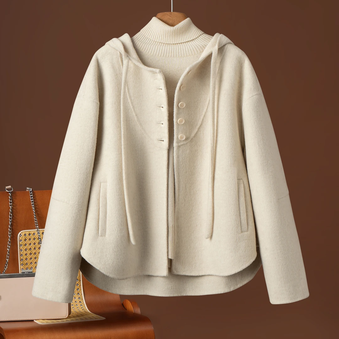 秋冬新款双面羊毛大衣女短款连帽小个子百搭宽松纯羊毛呢子外套