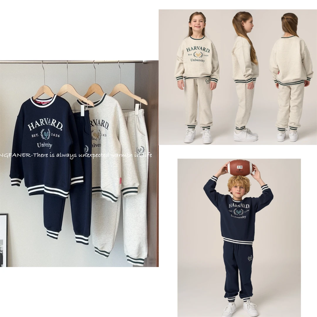 051068 出口韩国男童女童圆领拼色刺绣毛圈运动套装 120-160码