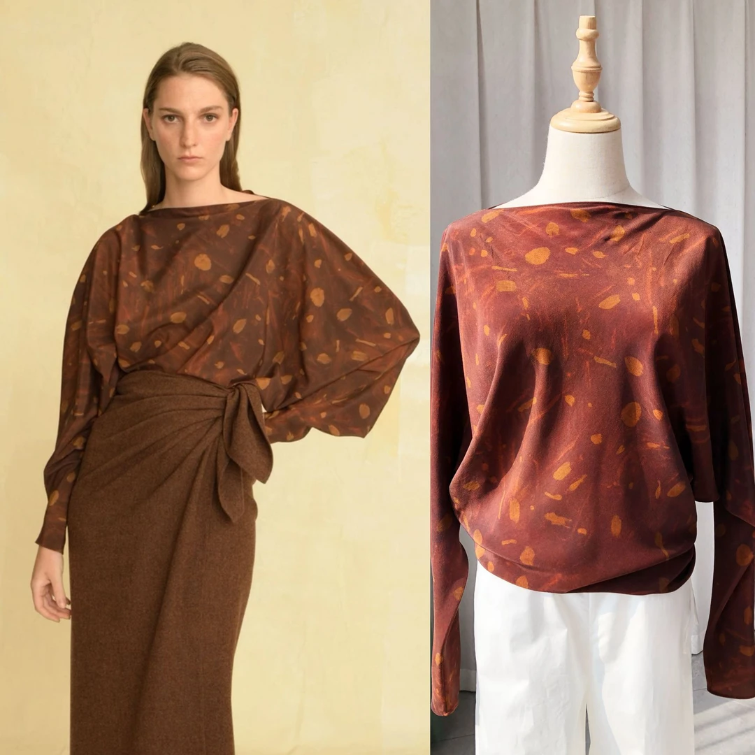 2025新品·棠梨棕·法式慵懒宽松版一片式蝙蝠袖砂洗真丝双绉上衣