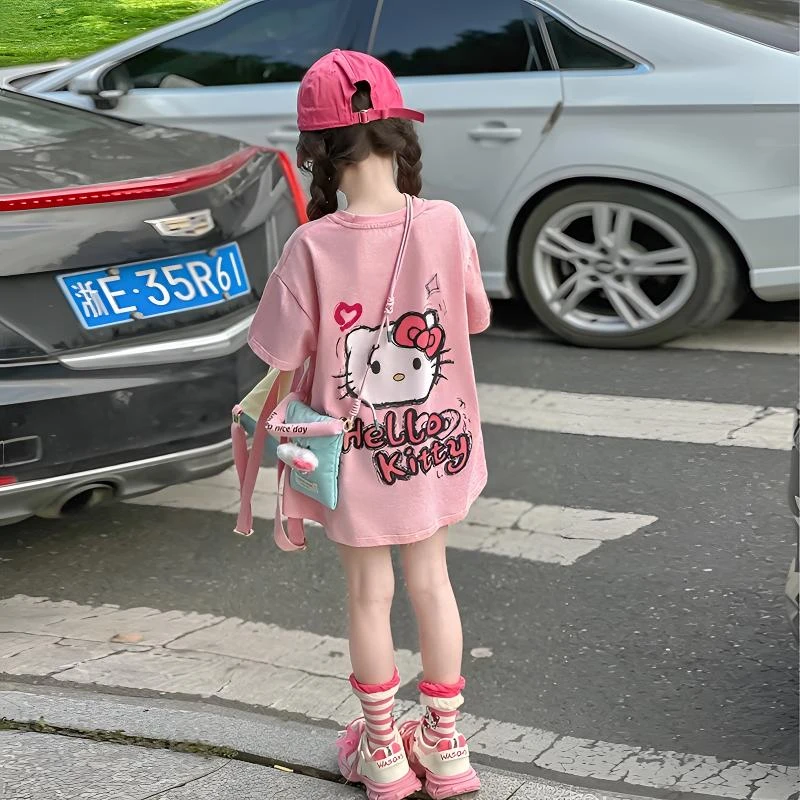 女童纯棉短袖夏季卡通印花t恤2025年款韩版洋气宽松中长款上衣潮