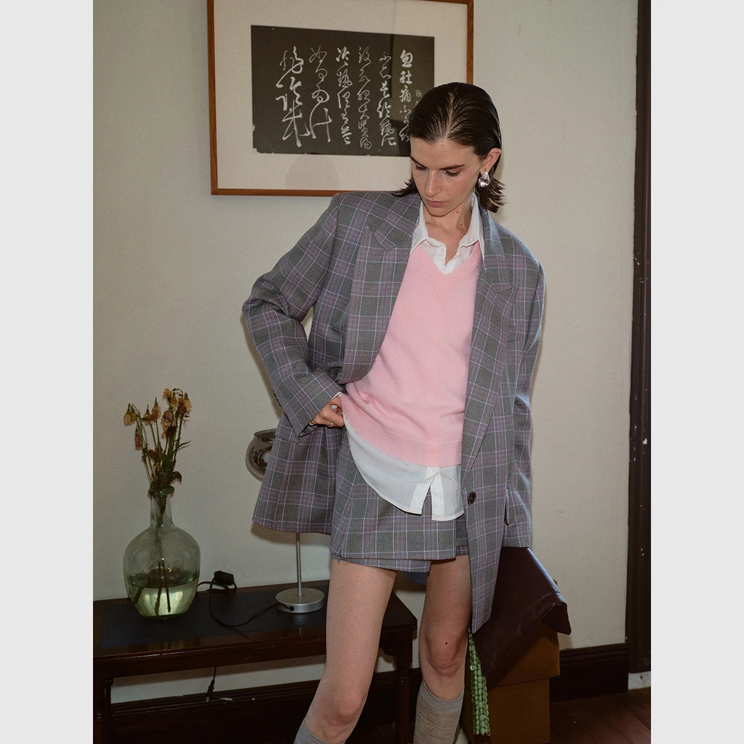 TOPCLOSET 时髦高智 法式学院风格纹羊毛混纺宽松西服+半身裙7394